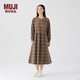 MUJI女式 法兰绒抽褶连衣裙 美拉德纯棉起毛宽松长裙子秋冬 BC08CC3A 褪色米色格纹 S 155/80A