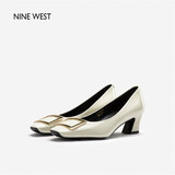 NINE WEST玖熙牛漆皮革女单鞋优雅方头浅口粗跟通勤鞋NH434045FK 米白 34