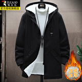 啄木鸟风衣秋冬季加绒加厚男中长款夹克宽松帅气大衣男士休闲上衣外套潮 黑色【加绒款】 2XL