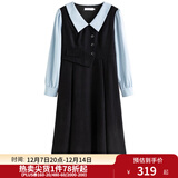 独束大码女装假两件撞色衬衫领连衣裙女秋冬微胖mm文艺复古穿搭裙子 墨染黑【适合160左右】 3XL
