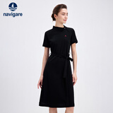 Navigare意大利小帆船短袖连衣裙女士夏季棉质斜领裙子时尚显瘦半袖a字裙 暗夜黑 L 码