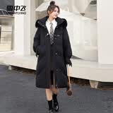 雪中飞羽绒服女长款宽松休闲狐狸毛领简约气质外套 黑色 2XL