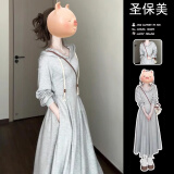 圣保美灰色连帽长袖连衣裙秋冬季2024新款时尚女装小个子韩系卫衣长裙子 灰色 M 码