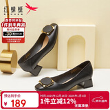 红蜻蜓秋冬女士粗跟小香风皮鞋职业通勤妈妈鞋高跟鞋WFB31540 黑色 34