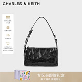CHARLES&KEITH褶皱油蜡皮斜挎小方包手提包腋下包女士生日新年礼物CK2-80160183 Noir黑色 S