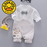 G.duck春秋1-3个月6新生婴儿长袖绅士哈衣宝宝连体衣服男童周岁礼服百天 浅灰色 格子灰色背带长袖 73cm 建议14-18斤左右
