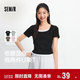 森马（Semir）短袖t恤女短款假两件百搭上衣25夏装显瘦U领套头衫109325100015
