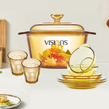 康宁3.2L汤锅耐热玻璃炖锅+百丽餐具8件组盘子碗碟套装 锅具套装家用