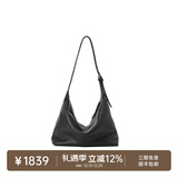 裘真圣诞礼物【明星推荐】经典hobo包植鞣牛皮腋下通勤休闲饺子女包 黑色-大号 小包/大包