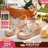 天美意凉鞋女商场同款坡跟编织花朵一字带女鞋COO05BL3 米白 38