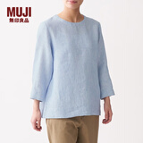 MUJI MUJI 女式 亚麻水洗 七分袖罩衫 BCA01C0S 烟熏蓝色X条纹 M