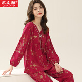 芊之雅秋季纯棉睡衣女长袖家居服秋天红色本明年马年休闲大码中年居家服 LNL-62288#酒红 3XL （参考160-180斤）