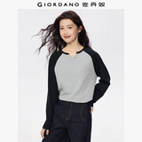 佐丹奴美式风球服女时尚纯棉小U领上衣撞色插肩长袖T恤女13324719