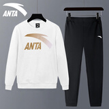 安踏运动套装男士卫衣春秋款小脚卫裤男装长裤长袖运动休闲服饰两件套 8717-4纯净白/金【大容量口袋】 S/165 适合90-100斤
