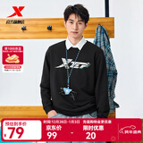 特步（XTEP）保暖卫衣男秋冬季运动服刺绣针织上衣男装休闲圆领加绒套头衫 正黑色-常规款（0113） 3XL