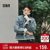 森马（Semir）牛仔外套女拼接仿兔毛翻领宽松港风冬季落肩夹棉夹克103724108001
