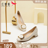 红蜻蜓秋冬女士粗跟小香风皮鞋职业通勤妈妈鞋高跟鞋WFB31540 米白色 37