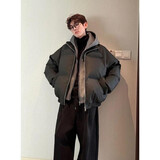 良茨胖子假两件PU羽绒外套男士秋冬加绒加厚棉衣宽松大码工装冲锋夹克 黑色（升级高品质PU加绒加厚款） L 110-130斤