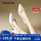 意尔康女鞋粗跟时装鞋浅口套脚高跟鞋工作女单鞋春秋 26906W米白38