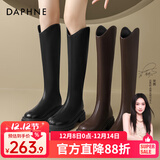 达芙妮长筒靴女2025春秋季V口粗跟增高靴瘦瘦长靴粗腿高筒靴骑士靴 黑色【V口单里款】 36