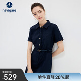 Navigare意大利小帆船短袖衬衫裙女士夏季时尚百搭小个子连衣裙简约中裙女 海军蓝 M 码