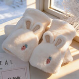 浩冠可爱毛茸茸手套女冬季少女韩版翻盖露指毛绒保暖加绒学生