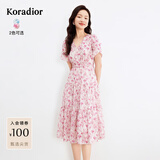 珂莱蒂尔夏季温柔风淑女茶歇复古碎花V领短袖连衣裙女花韵梦境 浅紫红 L