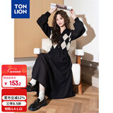 唐狮（TonLion）2024黑色v领拼接格纹连衣裙女复古针织格子裙气质长裙 黑色 M 