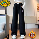 G.duck女童裤子秋冬2025新款加绒时髦洋气加厚灯芯绒中大童直筒阔腿长裤 黑色加绒 160码建议身高150CM