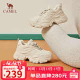 骆驼（CAMEL）老爹鞋女网布皮面拼接秋双系带厚底休闲鞋 L24S283079 杏色 37