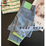 AEMAPE牛仔裤女2025新款撞色女裤春秋冬季薄款潮流翻边裤子女休闲老爹裤 19浅蓝长裤【LE】 M _建议95-115斤