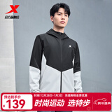 特步防泼水外套秋冬新款男夹克上衣跑步服户外骑行服双层风衣运动服 0106常规-尘灰色/正黑色-经典简约 XL