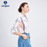 Navigare意大利小帆船女士长袖衬衫春秋季休闲格子衬衣莱赛尔高档寸衫 粉红/白 XL