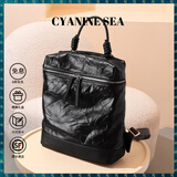 海青蓝 CYANINE SEA轻奢包包女款头层牛皮包双肩包女士大容量书包旅行包电脑背包新年 黑色