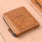 斌利袋鼠男士钱包短款防盗刷软皮拉链钱夹男复古质感时尚多功能驾驶证卡包 卡其色W98