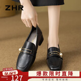 ZHR单鞋女复古方头珍珠扣乐福鞋女粗跟增高两穿显瘦女鞋 K170黑色 37