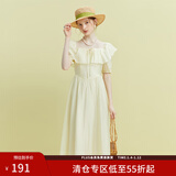 范思蓝恩23FS12493 法式一字肩两穿连衣裙女夏季新款海边度假长裙 奶油白 S