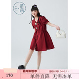紫涵翻领A字连衣裙夏季泡泡袖撞色抽褶娃娃裙中长裙甜美 复古红 M