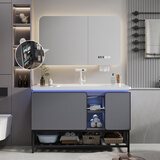 浴百家卫生间浴室柜陶瓷一体盆柜洗手盆柜组合洗漱台悬挂式洗脸盆柜肤感 80落地款+圆弧镜柜陶瓷盆