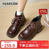 意尔康马丁靴女秋冬新款复古厚底增高加绒机车短靴 14738W棕色37