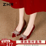 ZHR单鞋女中式绒面秀禾婚鞋气质新娘鞋子女尖头粗跟女鞋K312红色37
