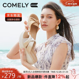 康莉（COMELY）一字拖鞋女夏季羊皮坡跟休闲防滑沙滩交叉带时尚凉拖 杏色 36 
