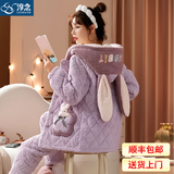 chunnian女士睡衣女冬季保暖珊瑚绒加厚加绒三层夹棉法兰绒带帽家居服套装 XEQN-2374【外套+裤子】 L