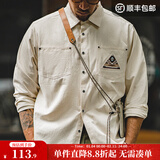 马登工装美式复古长袖衬衫男印第安图腾拼接口袋叠穿纯棉衬衣秋季 米白色 2XL