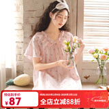 眠岛新款睡裙女夏季短袖韩版纯棉纱布大码半袖甜美少女全棉碎花中裙 小雏菊 粉色 S