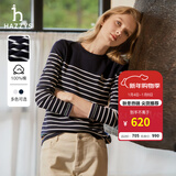 哈吉斯（HAZZYS）女装 秋款T恤经典条纹休闲长袖T恤ABTSE0BCF05 藏青色NV S (155/80A 36)