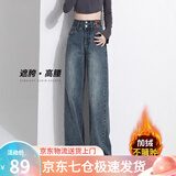 萝美酱2025新款牛仔裤女加绒阔腿宽松裤子高腰小个子窄版休闲裤秋冬直筒 复古蓝小个子加绒 M 【建议93-110斤】