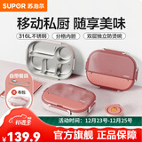 苏泊尔（SUPOR）饭盒316不锈钢自带布包餐具学生上班族餐盘多分格不串味保温饭盒 纱粉（含布包+餐具）2000ml