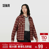 森马（Semir）长袖衬衫女春季中长款oversize翻领落肩格纹女生衬衣101125105007