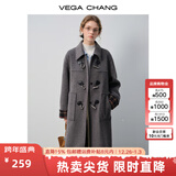 VEGA CHANG新年红黑色呢子大衣女2025年冬新款加厚新年红格纹拼接外套 檀木灰色 L